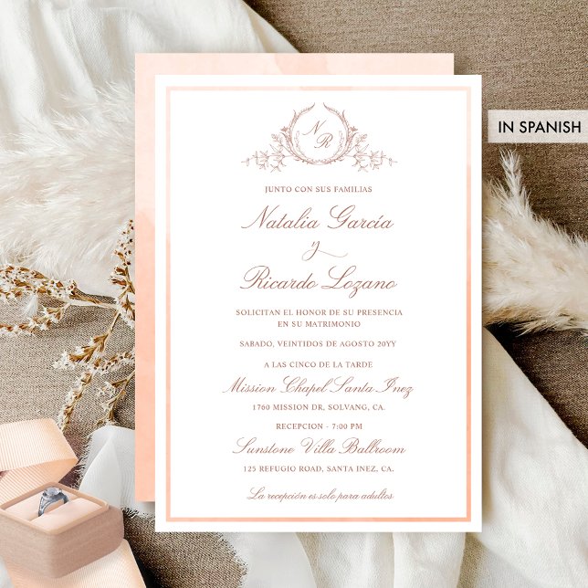 På spanska, Elegant Peach Monogram Bröllop Inbjudningar (Skapare uppladdad)