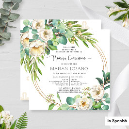 På spanska, First Communion White Blommigt Greener Inbjudningar