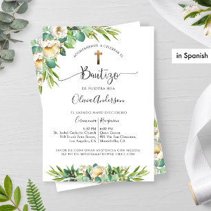 På spanska, Grey, White Gult Blommigt Baptism Inbjudningar