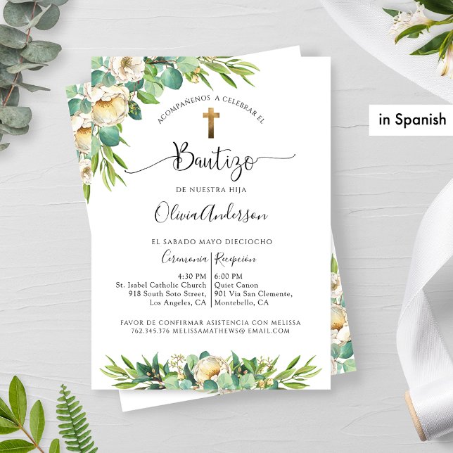 På spanska, Grey, White Gult Blommigt Baptism Inbjudningar (Skapare uppladdad)