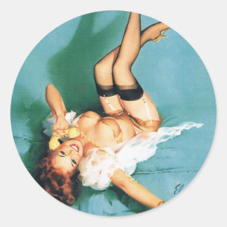 På telefonen - Vintage Pin Up Flickan Runt Klistermärke