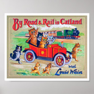 På väg och järnväg i Catland, Louis Wain Poster