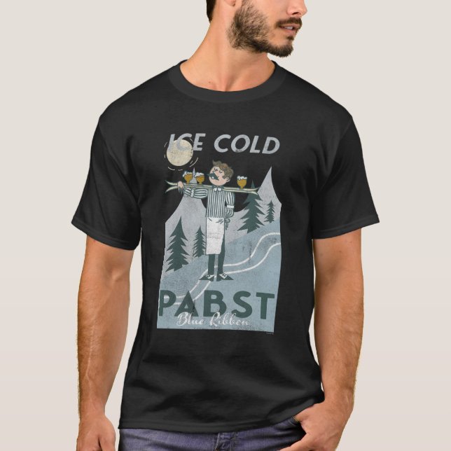 Pabst Blue Ribbon Beer Ice Kall Snö och Ski Poste T Shirt (Framsida)