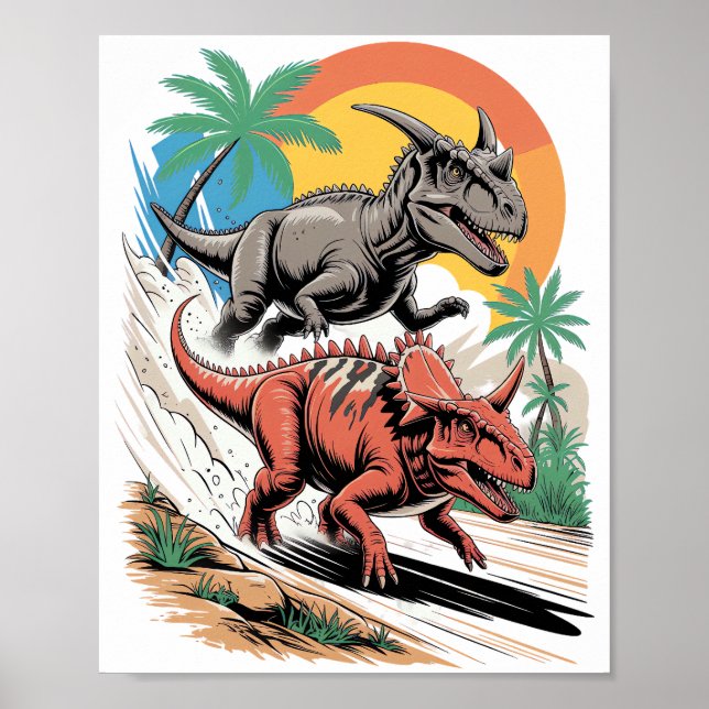 Pachyrhinosaurus som passerar genom Carnotaurus Poster (Framsidan)