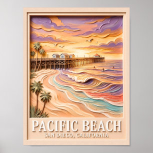 Pacific Beach San Diego 3D Texturerad Surfing Resa Poster