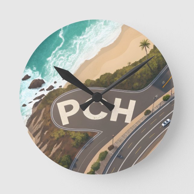 Pacific Coast Highway Aerial Travel Art Rund Klocka (Framsida)