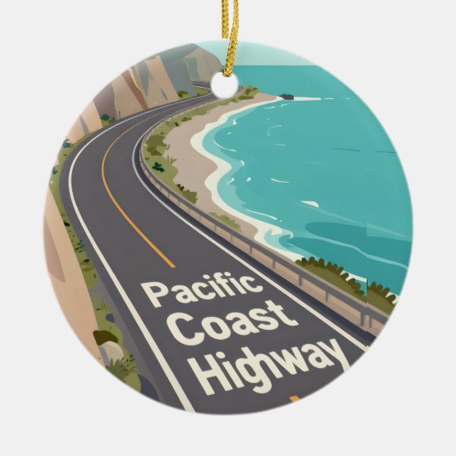 Pacific Coast Highway Graphic Travel Art Julgransprydnad Keramik (Framsidan)