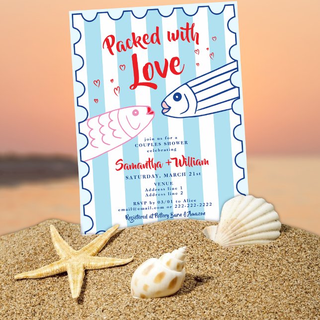 Packed with Love Fisherman Sardines Bridal Shower Inbjudningar (Packed with Love Fisherman Sardines Engagement Co-ED Couples Bridal Wedding Shower Rehearsal Dinner)