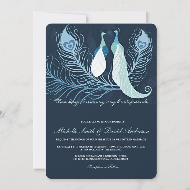Pacock Pair Love birds Blue Wedding bjudande Inbjudningar (Framsida)