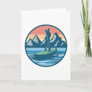 Paddleboarding Retro Sunset Sjö Mountains Gift Kort