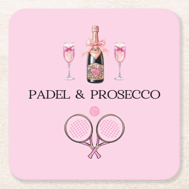 PADEL COASTER: PADEL & PROSECCO CLASSIC PINK/BLACK UNDERLÄGG PAPPER KVADRAT (Framsidan)
