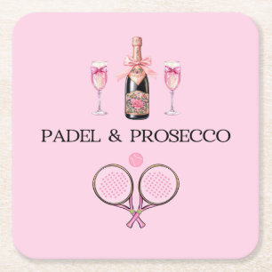 PADEL COASTER: PADEL & PROSECCO KLASISK ROSA/SVART UNDERLÄGG PAPPER KVADRAT