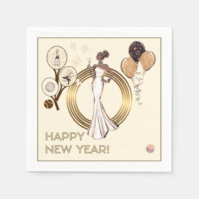 PADEL NAPKIN: NEW YEAR’S PADEL DIVA – CREAM & GOLD PAPPERSSERVETT (Framsidan)