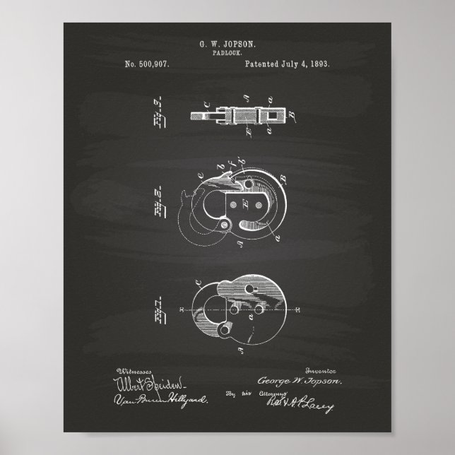 Padlock 1893 Patent Art Chalkboard Poster (Framsidan)