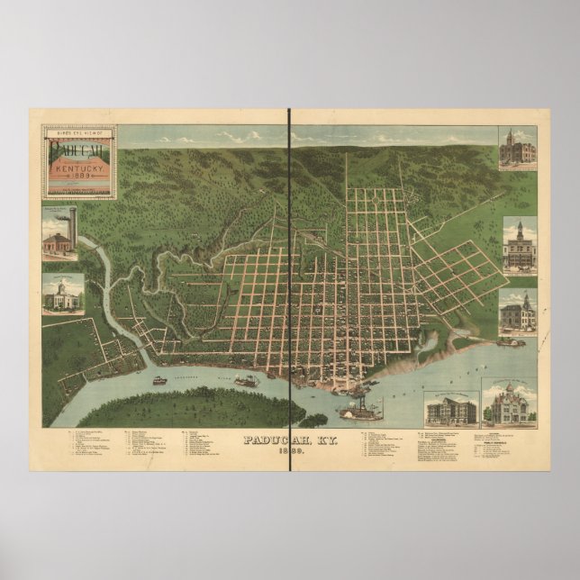 Paducah Kentucky 1889 Antique Panoramic Karta Poster (Framsidan)