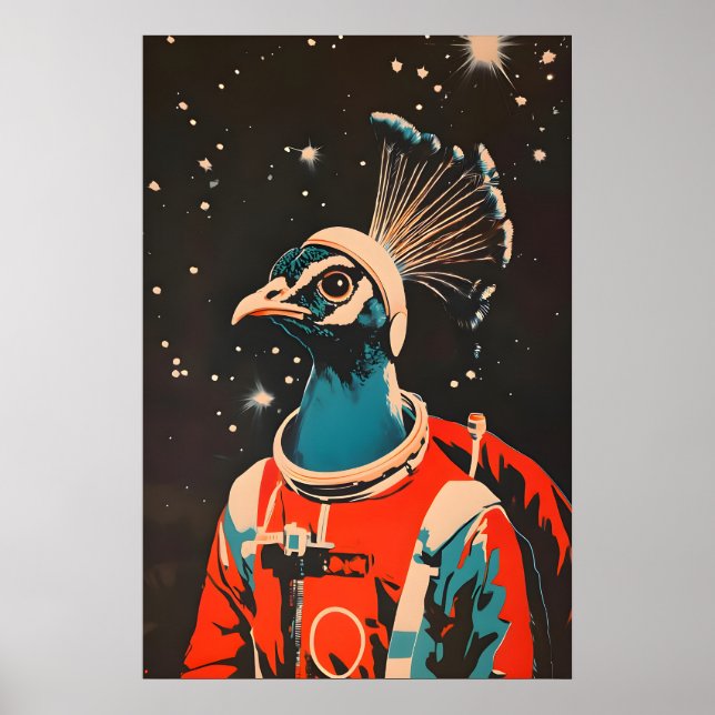 Påfågel Astronaut Affisch, Påfågel Retro Tryck (Framsidan)