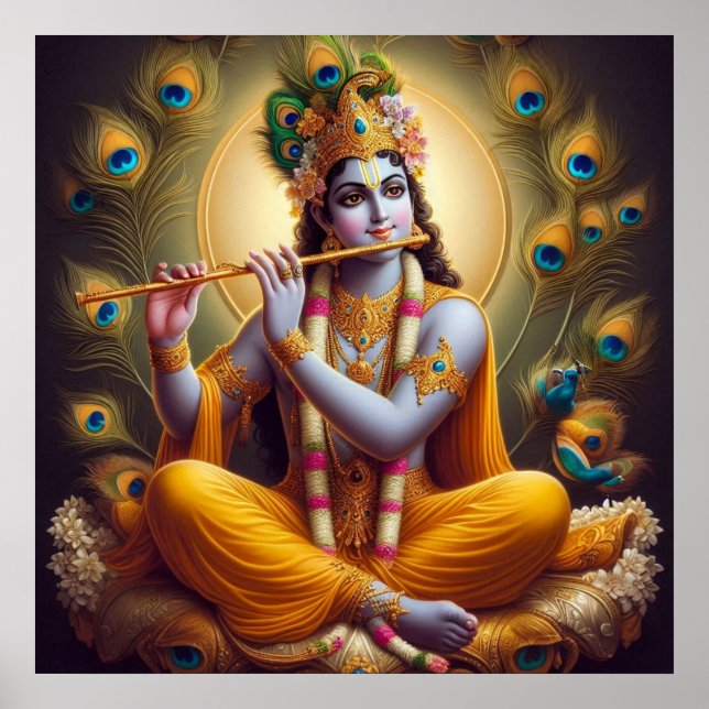 Påfågel Aura Krishna Flöjt Gudomlig Konst Poster (Framsidan)