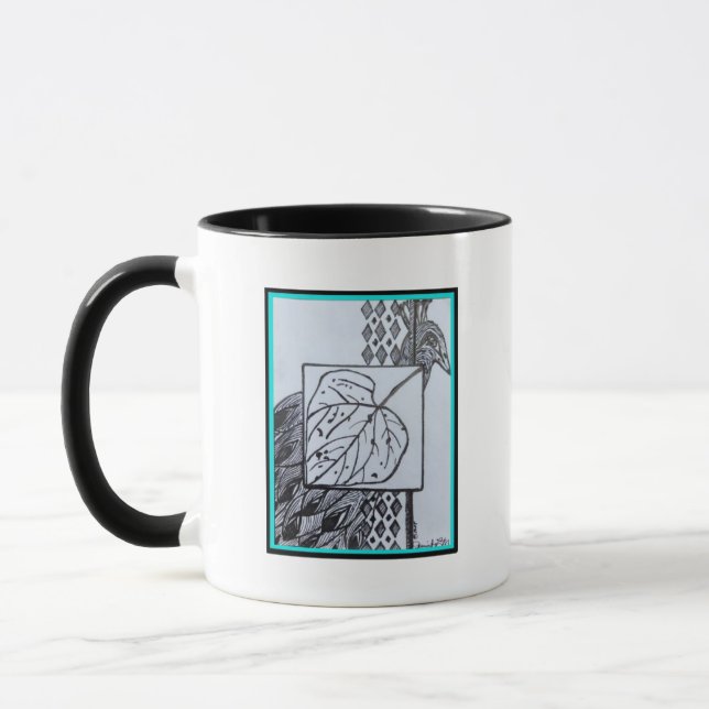 Påfågel & blad svart & vit bläck turkos kant mugg (Vänster)