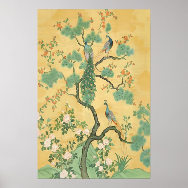 Påfågel & Blommig Chinoiserie Konsttryck Stor Poster (Framsidan)