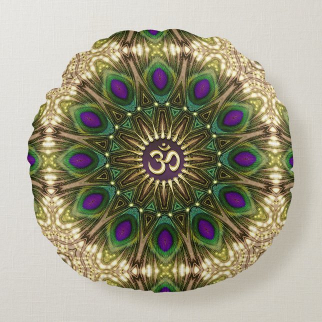 Påfågel Bohemian Mandala OM Yoga Rund Kudd Kudde (Framsidan)