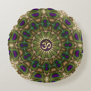 Påfågel Bohemisk Mandala OM Yoga Rund Design #16 Kudde