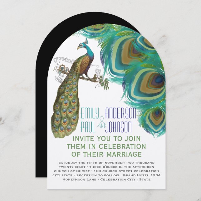 Påfågel Boho Bohemer Fjädrar med Påfågel Inbjudningar (Fram/baksida)