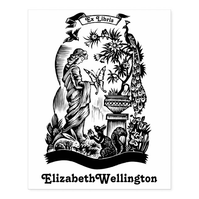 Påfågel, dam, fjäril, kanin Ex Libris-bok Stämpel (Tryck)