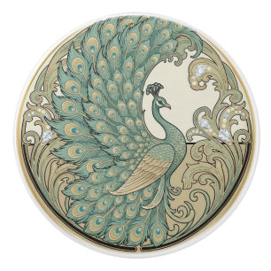 Påfågel Fågel Sage Grön & Guld Art Deco Nouveau Knopp