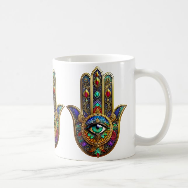 Påfågel Färg Blomblad Hamsa Grön Tredje Ögat Kaffemugg (Höger)