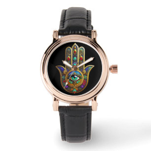 Påfågel Färg Blomma Kronblad Hamsa Grön Tredje Öga Armbandsur
