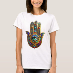 Påfågel Färg Blomma Kronblad Hamsa Grön Tredje Öga T Shirt