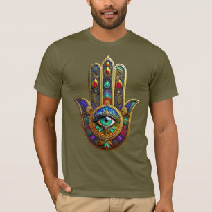 Påfågel Färg Blomma Kronblad Hamsa Grön Tredje Öga T Shirt