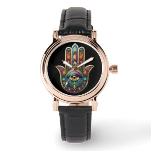 Påfågel Färger Hamsa med Guld Tredje Öga Armbandsur