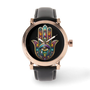 Påfågel Färger Hamsa med Guld Tredje Öga Armbandsur