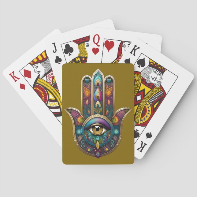 Påfågel Färger Hamsa med Guld Tredje Öga Casinokort (Baksidan)