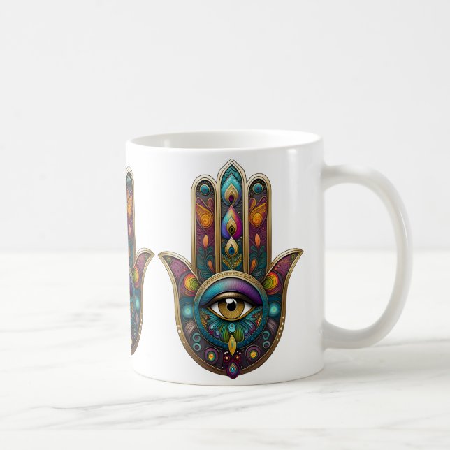 Påfågel Färger Hamsa med Guld Tredje Öga Kaffemugg (Höger)
