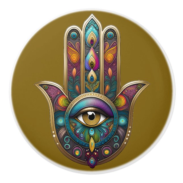 Påfågel Färger Hamsa med Guld Tredje Öga Knopp (Framsidan)