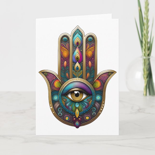Påfågel Färger Hamsa med Guld Tredje Öga Kort (Framsida)