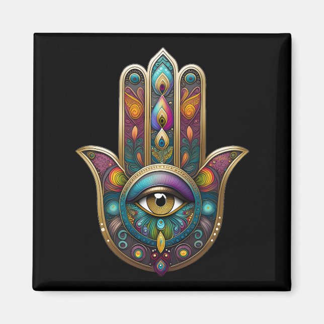 Påfågel Färger Hamsa med Guld Tredje Öga Magnet (Framsidan)