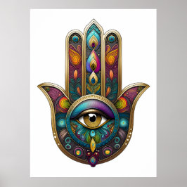 Påfågel Färger Hamsa med Guld Tredje Öga Poster