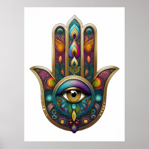 Påfågel Färger Hamsa med Guld Tredje Öga Poster