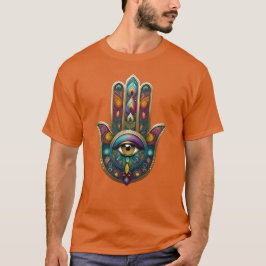 Påfågel Färger Hamsa med Guld Tredje Öga T Shirt
