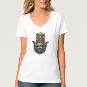 Påfågel Färger Hamsa med Guld Tredje Öga T Shirt