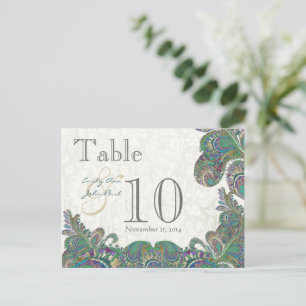 Påfågel Färger Paisley Bröllops Bord Nummer Vykort