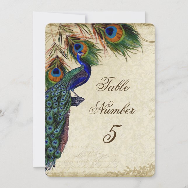 Påfågel & Fjädrar Formellt Bordnummer 5 för Bröllo Inbjudningar (Framsida)
