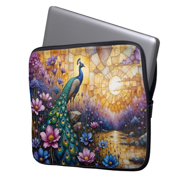Påfågel i blomsterlandskap laptop fodral (Framsidan Vänster)