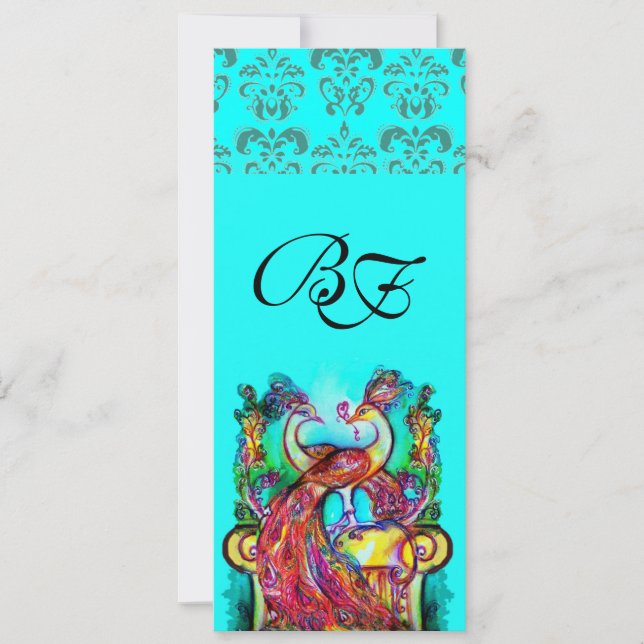 PAFÄGEL I FALKEN AQUELBLÅ DAMASK MONOGRAM INBJUDNINGAR (Framsida)