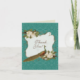 Påfågel Magnolia Blommig Virvel Damask Bröllop Tack Kort