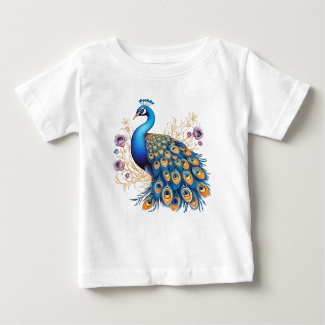 Påfågel med lila blommor t shirt (Framsida)