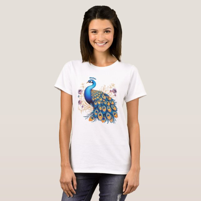 Påfågel med lila blommor t shirt (Hel framsida)